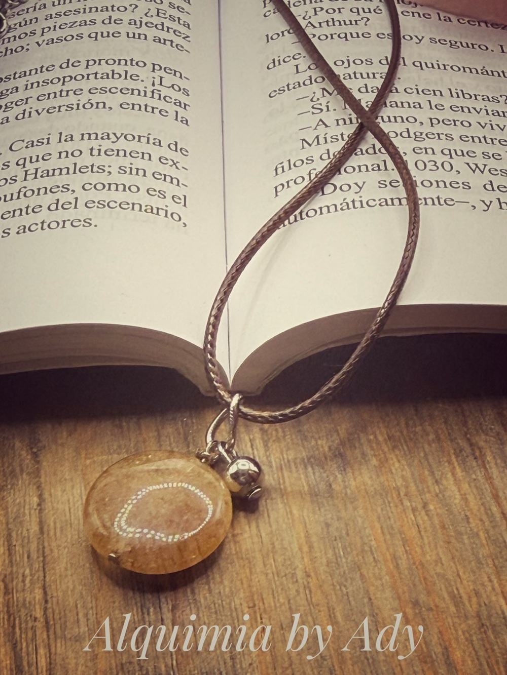 GOLDEN HEALER + Amber-Tone Round stone Pendant Necklace on Brown Cord